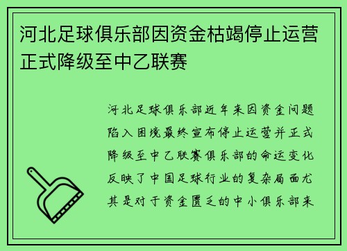 河北足球俱乐部因资金枯竭停止运营正式降级至中乙联赛 河北足球俱乐部因资金枯竭停止运营正式降级至中乙联赛